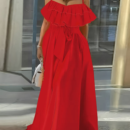 Vibrant Ruffle Trim Cami Dress - Sleeveless, Tie-Waist, Maxi Length, Flowy, Feminine, Summer Essential for Women - Perfect for Outdoor, Party, and Daily Wear