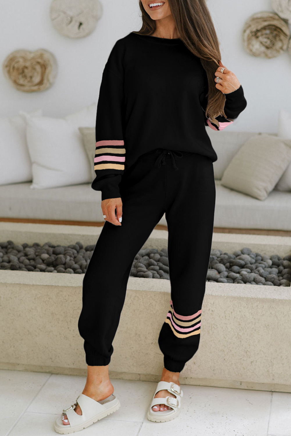 Black Striped Drop Shoulder Round Neck Pullover and Jogger Pants Active Outfit