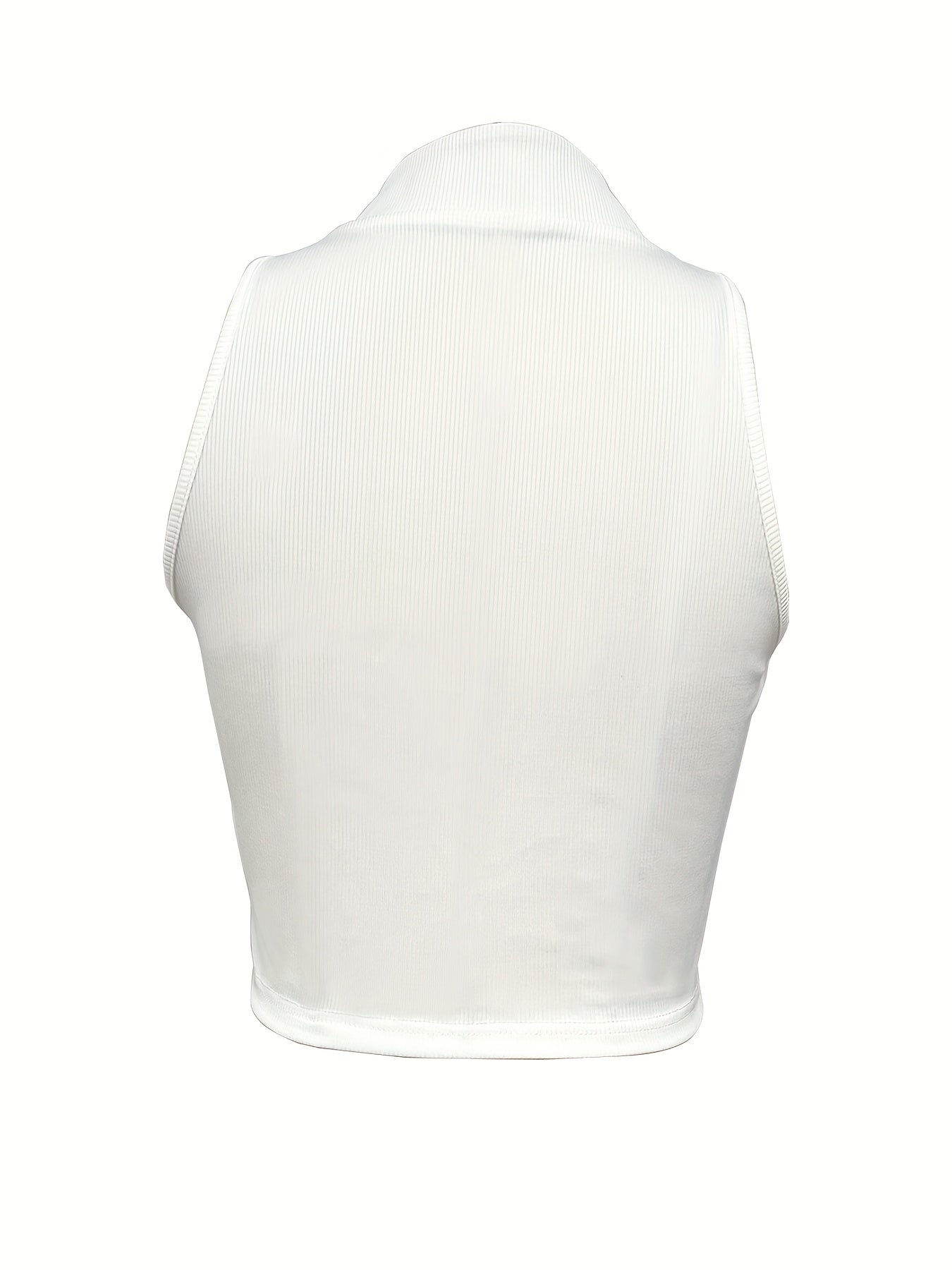 Ribbed Zip Decor Crop Top, Casual Solid Plunging Neck Tank Top For Summer, Women's Clothing