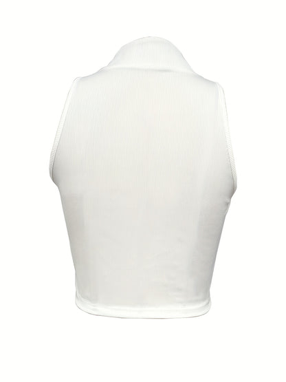Ribbed Zip Decor Crop Top, Casual Solid Plunging Neck Tank Top For Summer, Women's Clothing
