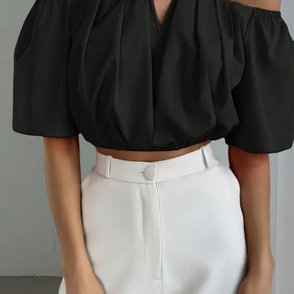 Sexy Off-the-Shoulder Crop Top Blouse - Stylish Short Sleeve Polyester Solid Color Notch Neck Design for Spring and Summer - Womens Fashion Clothing for All Seasons