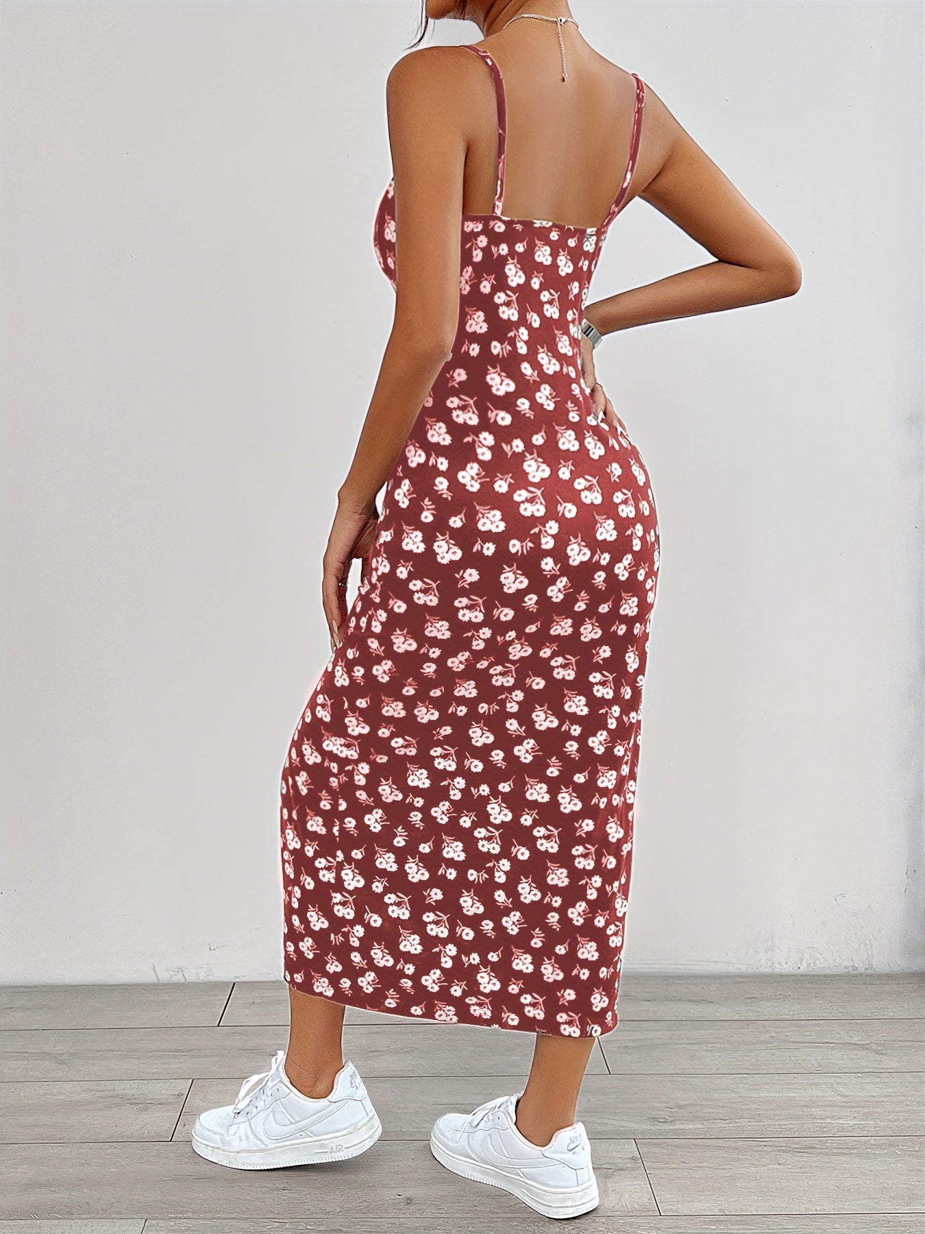 Flirty Floral Print Cami Dress with Flowy Split Hem - Chic Sleeveless Spaghetti Strap Design for Spring & Summer - A Fashionable Must-Have for Womens Wardrobe