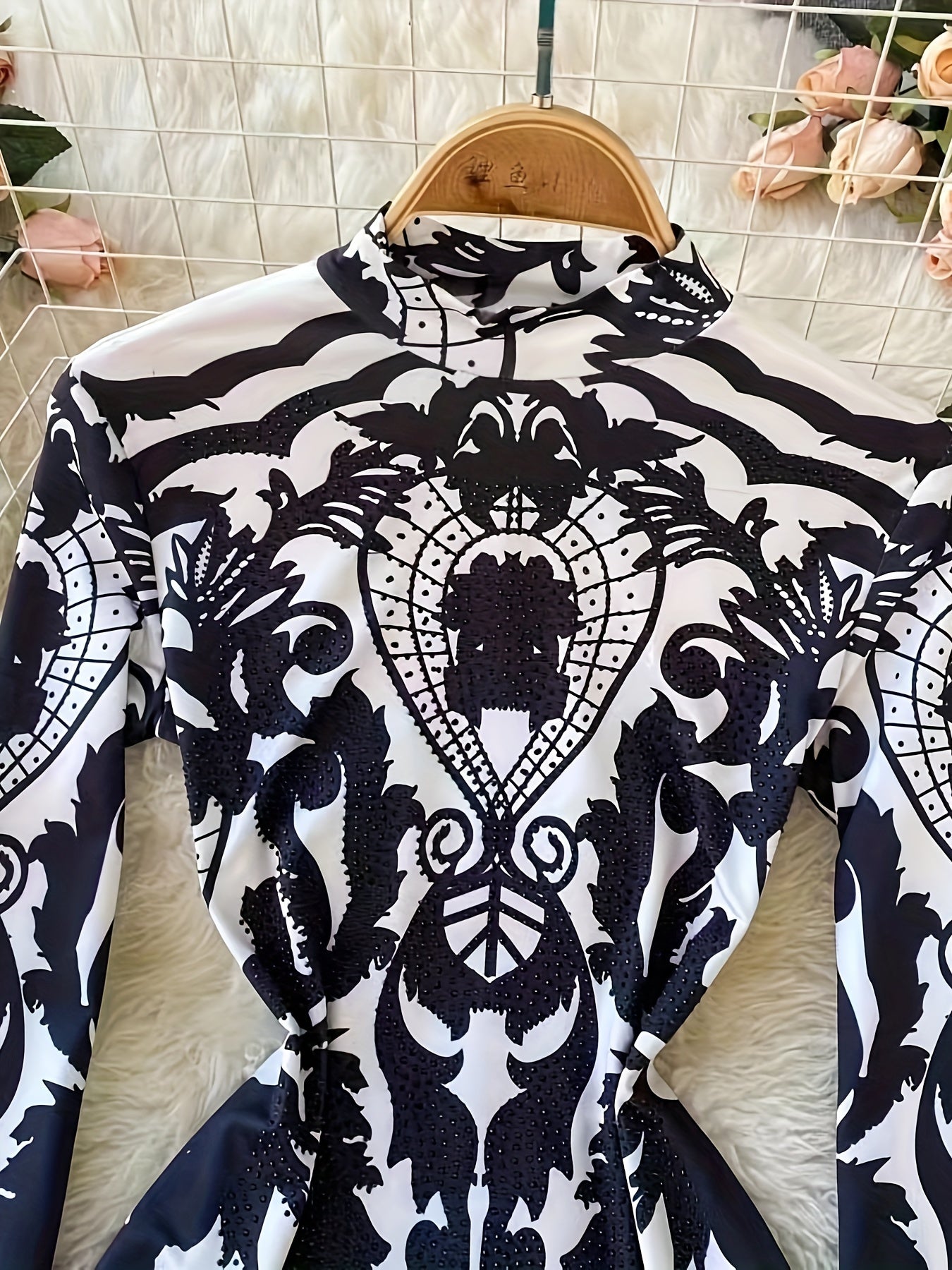 Women'S Tropical Print Bodysuit with Rhinestone Detail - Slim Fit, Stand Collar, Long Sleeve, All-Season Versatile Jumpsuit for Casual or Stylish Outfits, Stylish Outfit Bodysuit | Stand Collar Top | Polyester Fabric, Bodysui