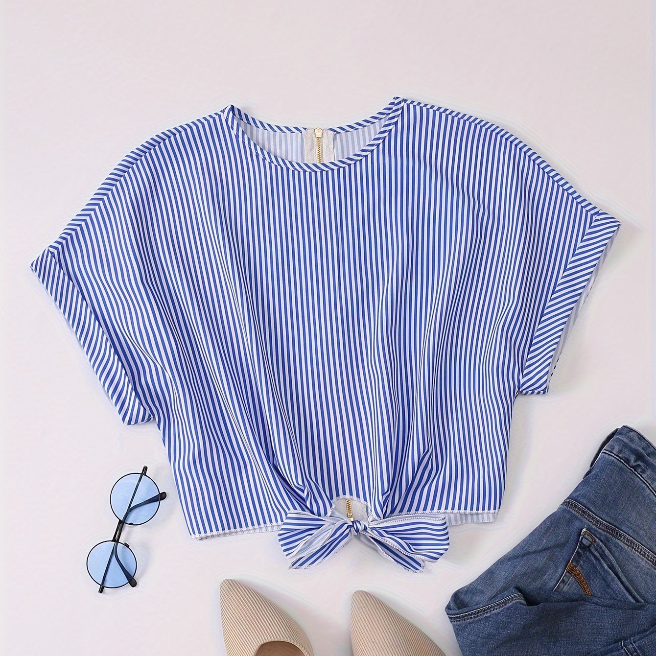 Striped Zip Up Knotted Blouse, Elegant Short Sleeve Crop Top For Spring & Summer, Women's Clothing