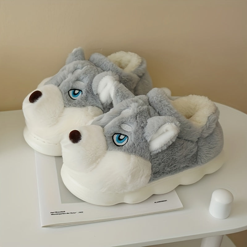 [Cozy Husky Slippers] Warm, Soft Cozy Husky Plush Slippers for Men and Women | Non-Slip Indoor/Outdoor Winter Shoes with Thick Sole, Cute Cartoon Design, Perfect for Casual Wear