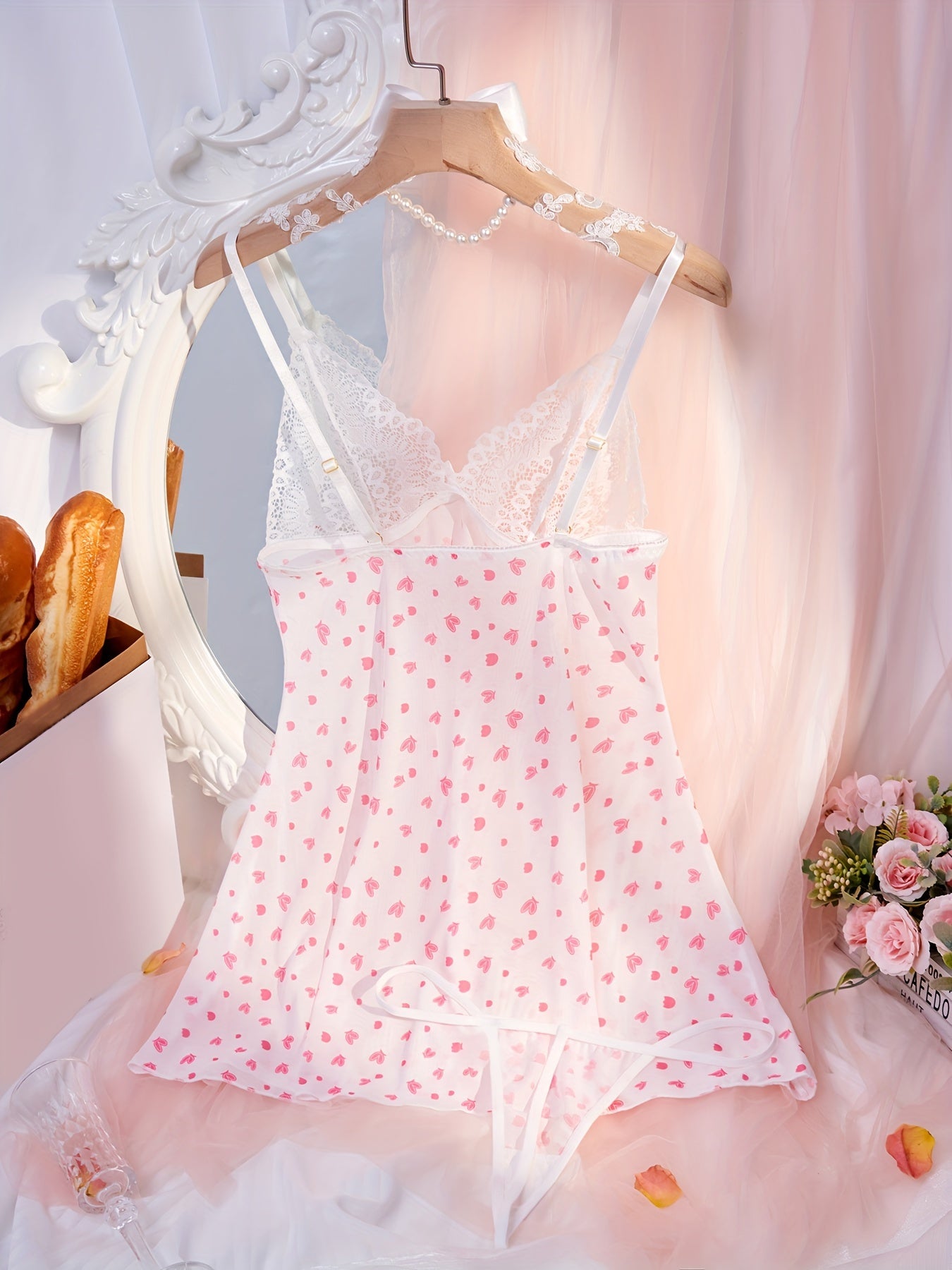 Contrast Lace Pajama Set, Heart Print Deep V Slip Nightdress & Thong, Women's Sleepwear & Dresses