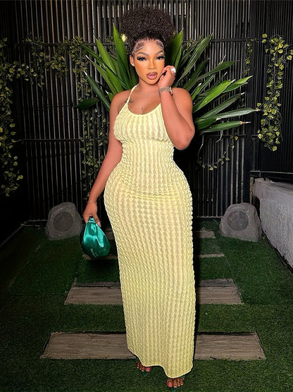 Solid Spaghetti Popcorn Dress, Sexy Backless Dress For Spring & Summer, Women's Clothing