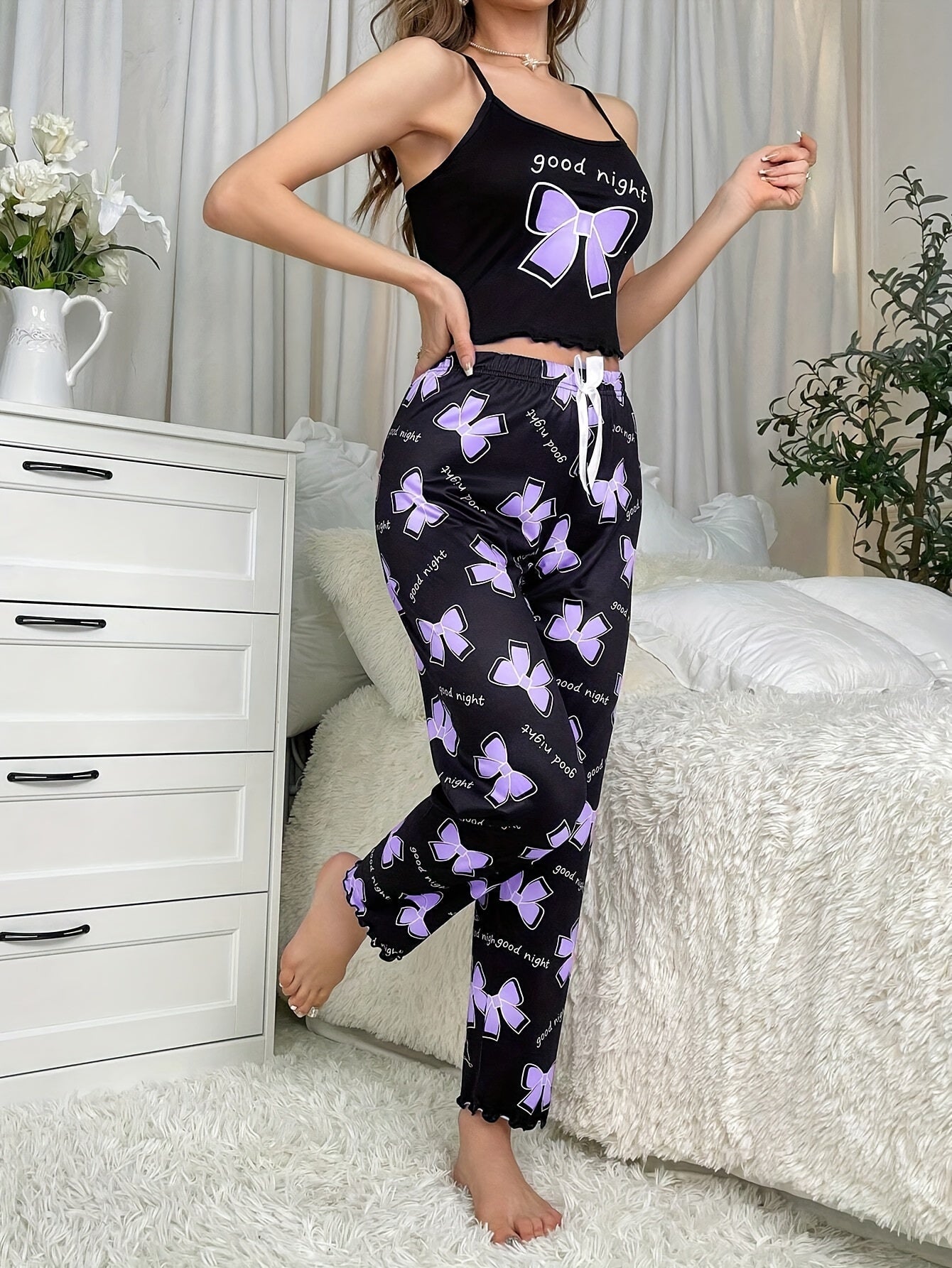 Cozy Bow Tie & Letter Print Pajama Set - Soft Crew Neck Crop Cami Top, Lettuce Trim Pants, Comfortable Women's Sleepwear & Loungewear for Relaxation