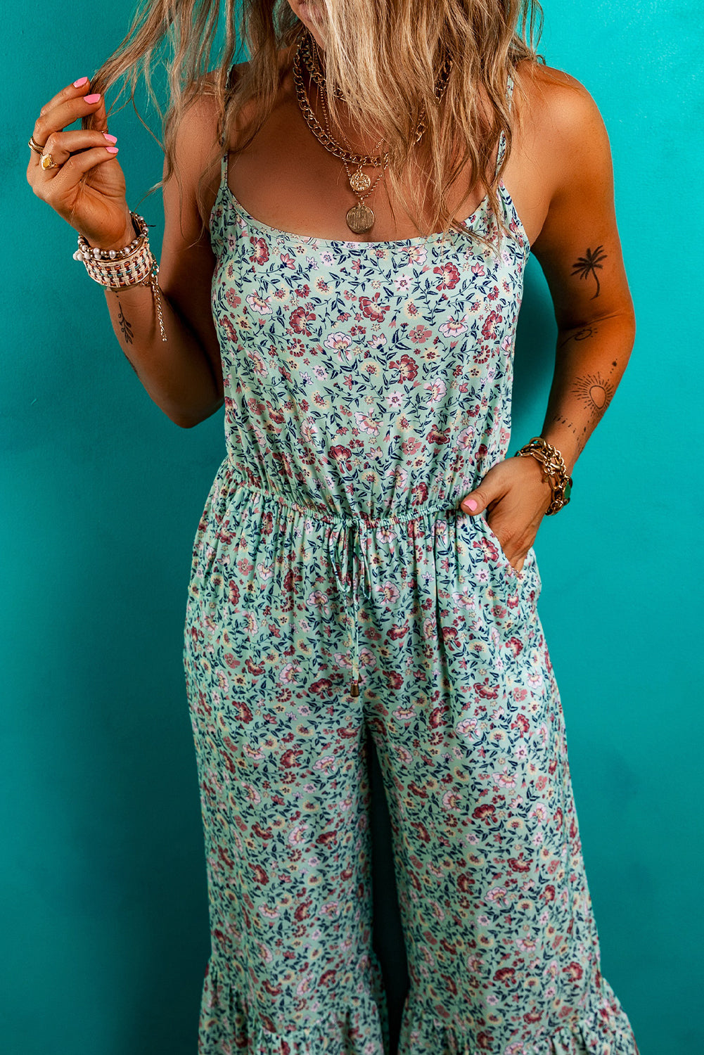 Green Bohemian Floral Ruffle Bottom Spaghetti Strap Jumpsuit