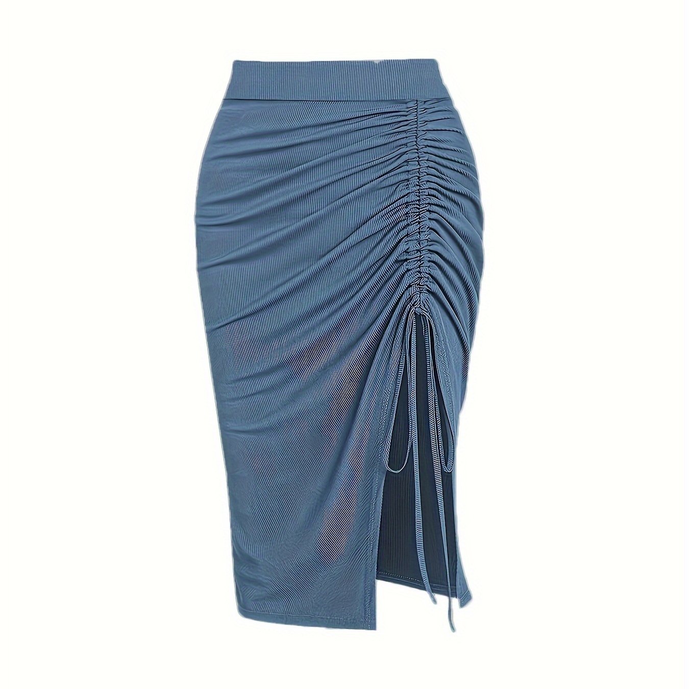 Solid Ruched Drawstring Split Skirt, Casual Bodycon Stretchy Skirt For Spring & Summer, Women's Clothing