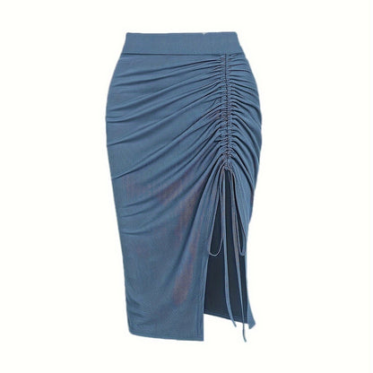 Solid Ruched Drawstring Split Skirt, Casual Bodycon Stretchy Skirt For Spring & Summer, Women's Clothing