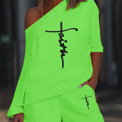 Chic Faith Printed Women's 2-Piece Set – Off-Shoulder Tee & Comfy Drawstring Shorts for Casual Wear