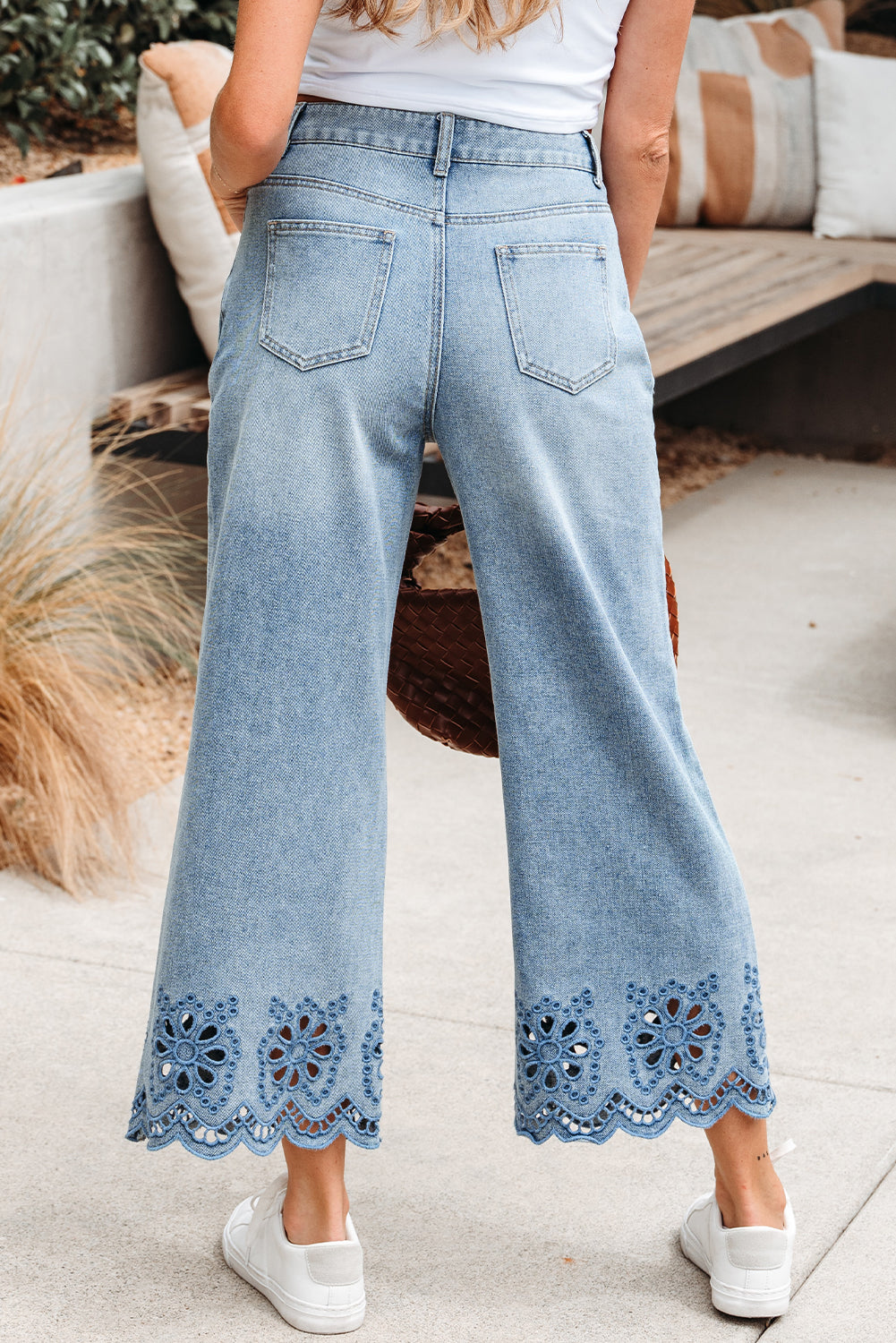 Dusk Blue Embroidered Cropped Wide Leg High Waist Jeans