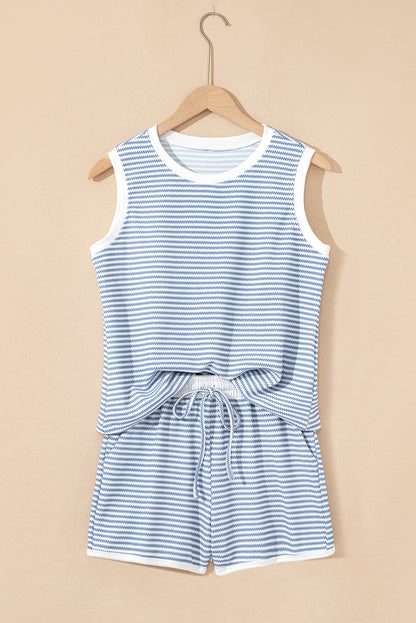 Myosotis Contrast Trim Striped Vest Drawstring Shorts Set