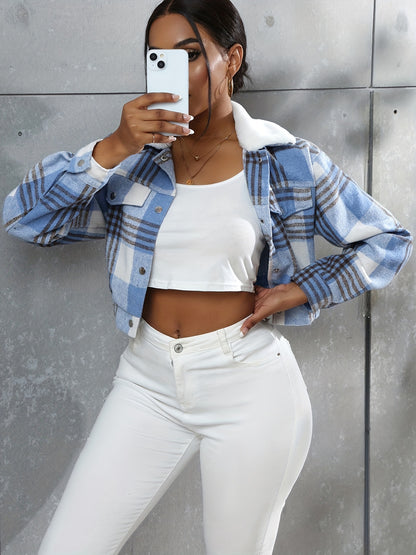 Button Plaid Faux Fur Collar Jacket, Casual Long Sleeve Crop Jacket For Fall & Winter, Women's Clothing