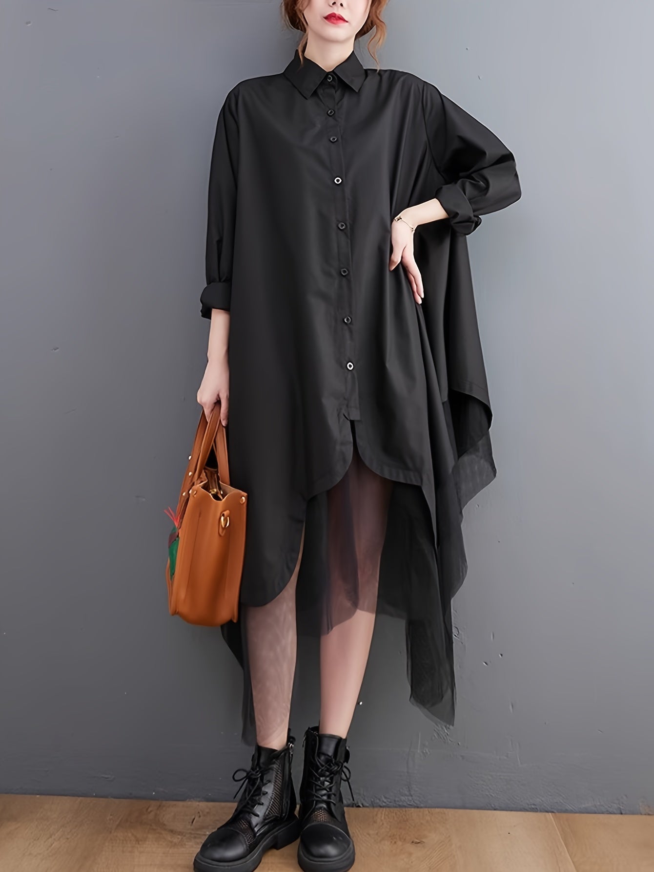 Asymmetric Hem Button Front Shirt, Stylish Long Sleeve Contrast Mesh Loose Blouse For Spring & Fall, Women's Clothing