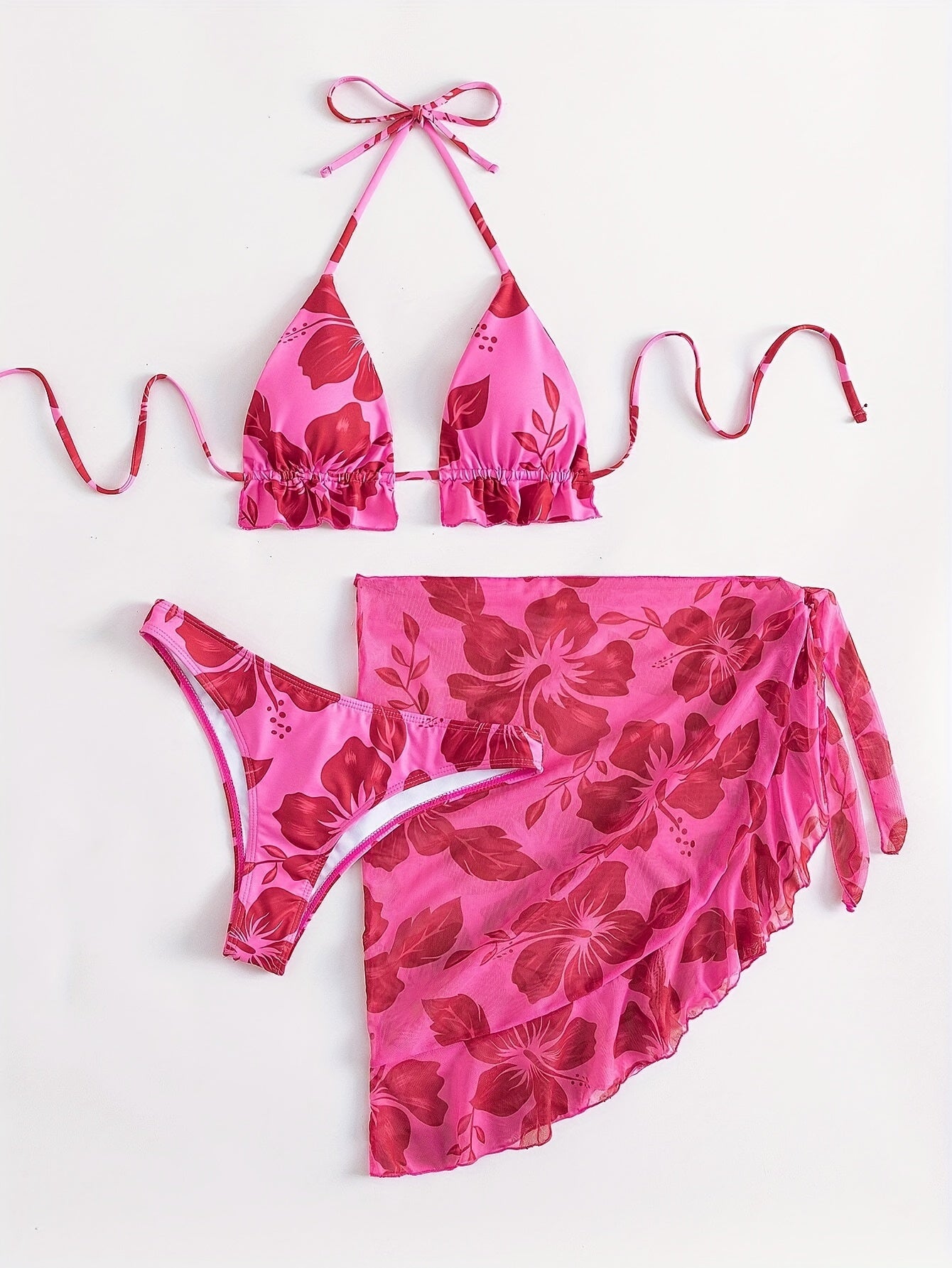 Women'S Floral Print Bikini Set, V-Neck Halter Top with Frill Detail, High Stretch Polyester Swimsuit, 3pcs Swimwear for Music Festivals and Nightclubs