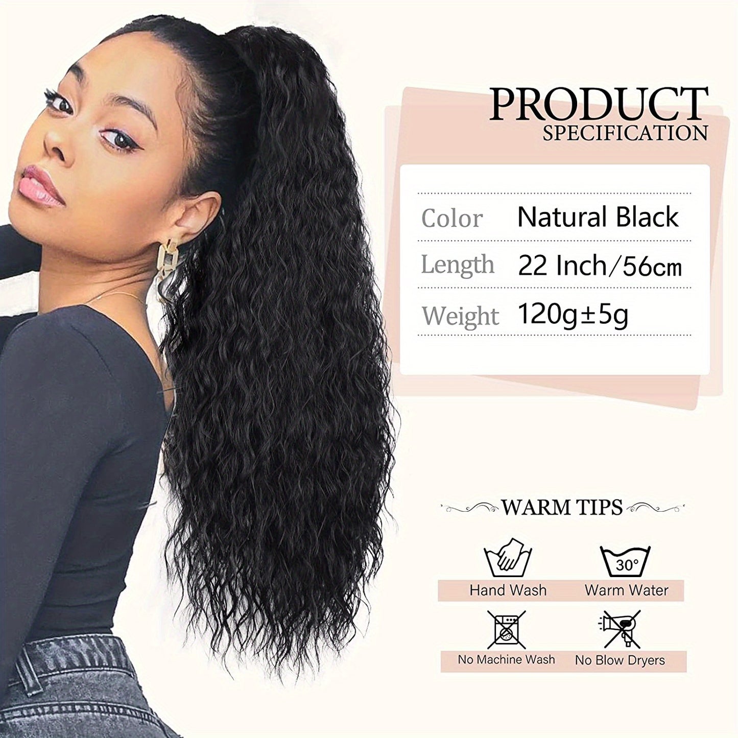 Long Curly Drawstring Ponytail For Women, 55.88cm Black Curly Ponytail Hair Extension, Synthetic Clips In Drawstring Ponytail For Daily Use (Natural Black)