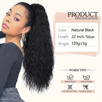 Long Curly Drawstring Ponytail For Women, 55.88cm Black Curly Ponytail Hair Extension, Synthetic Clips In Drawstring Ponytail For Daily Use (Natural Black)