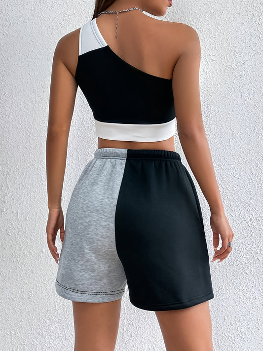 Casual Style, Color-Blocked One-Shoulder Crop Top And Drawstring Shorts.