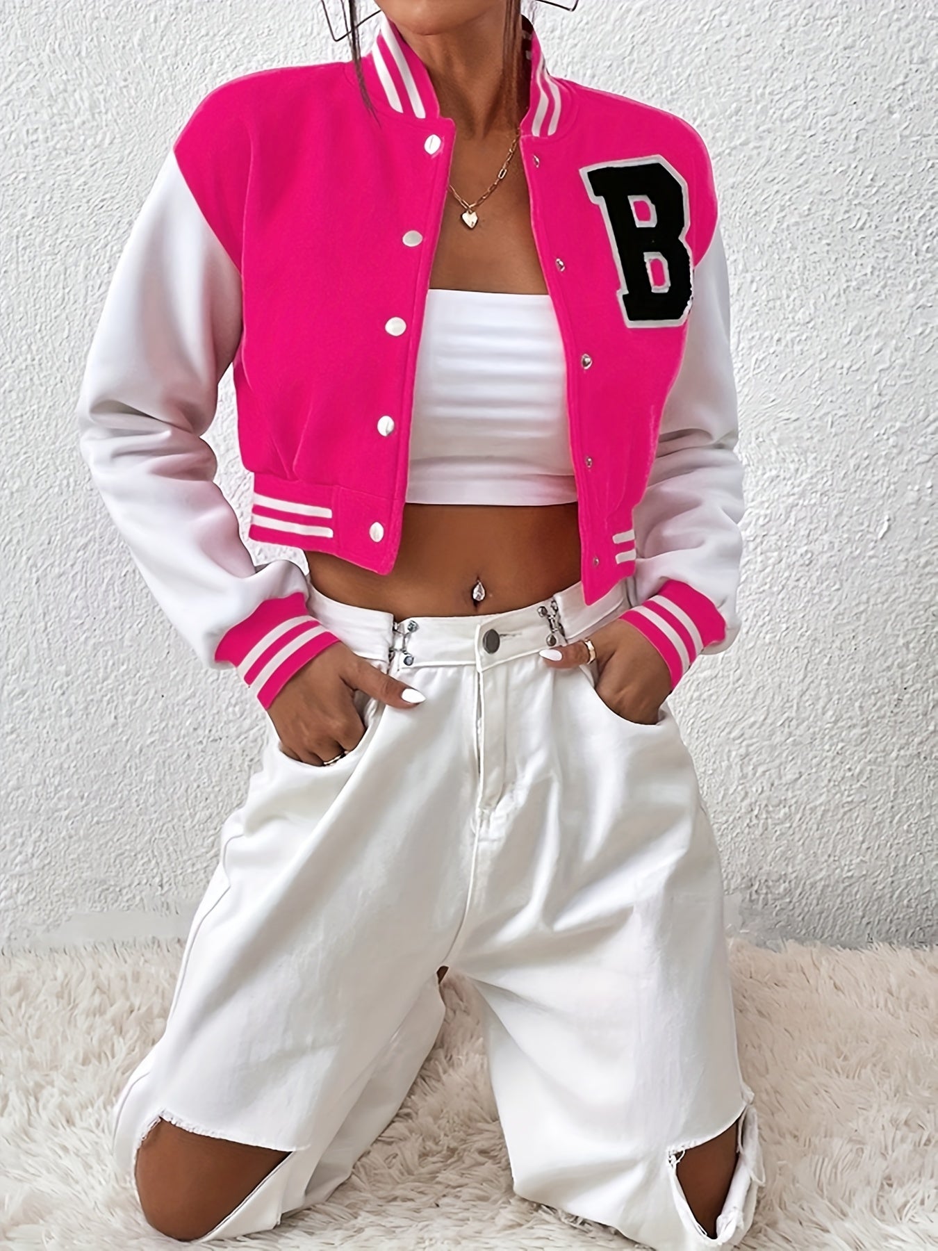 Stylish Women's Polyester Bomber Jacket - Alphabet Embroidery, Crew Neck, Short Length, All-Season Wear, Perfect for Casual Daily Life, Outdoor Activities, and Travel