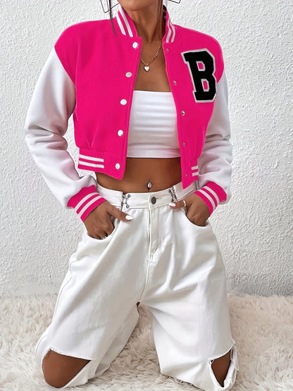 Stylish Women's Polyester Bomber Jacket - Alphabet Embroidery, Crew Neck, Short Length, All-Season Wear, Perfect for Casual Daily Life, Outdoor Activities, and Travel