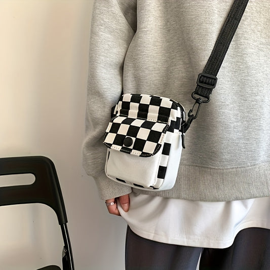 Checkered Canvas Crossbody Bag, Pocket Front Square Purse, Mini Shoulder Bag For Phone Key