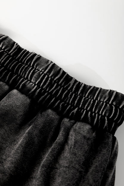 Black Mineral Wash French Terry Drawstring Elastic Waistband Casual Shorts