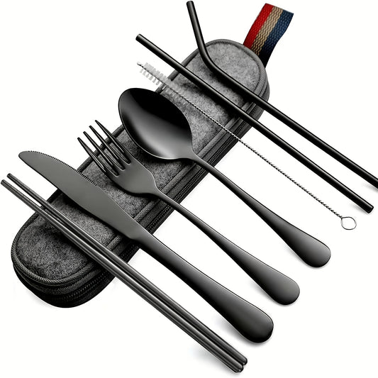 8pcs Portable Utensils, Travel Camping Cutlery Set, Knife Fork Spoon Chopsticks Cleaning Brush Straws Portable Case, Stainless Steel Flatware Set