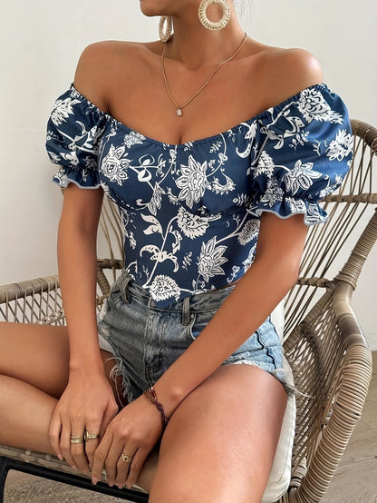 Floral Print Sweetheart Neck Blouse, Elegant Short Puff Sleeve Hanky Hem Shirred Crop Top For Spring & Summer, Women's Clothing