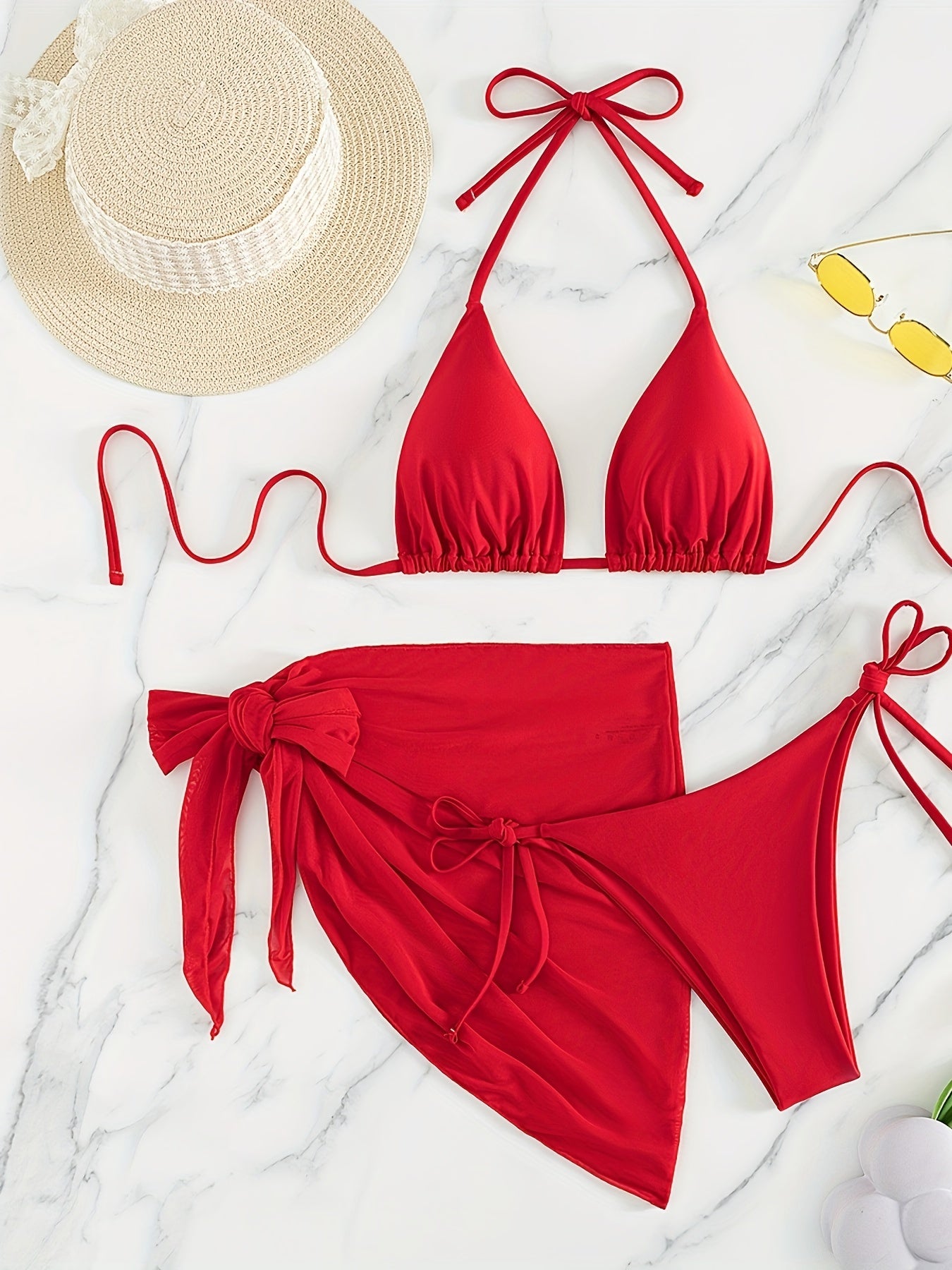 Women's 3pcs High-Elasticity Halter Neck Bikini Set with Beach Skirt - Vibrant Red Triangle Tie Front Bikini, Full Coverage Swimsuit & Adjustable Back Skirt, Machine Washable Summer Pool & Vacation Outfit