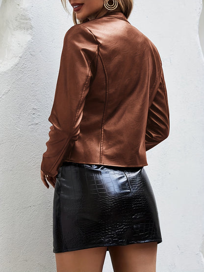 Stylish Faux Leather Long Sleeve Slim Fit Biker Jacket - Zip-Up, Elegant, Water-Resistant, and Windproof - Women's Clothing for All Seasons