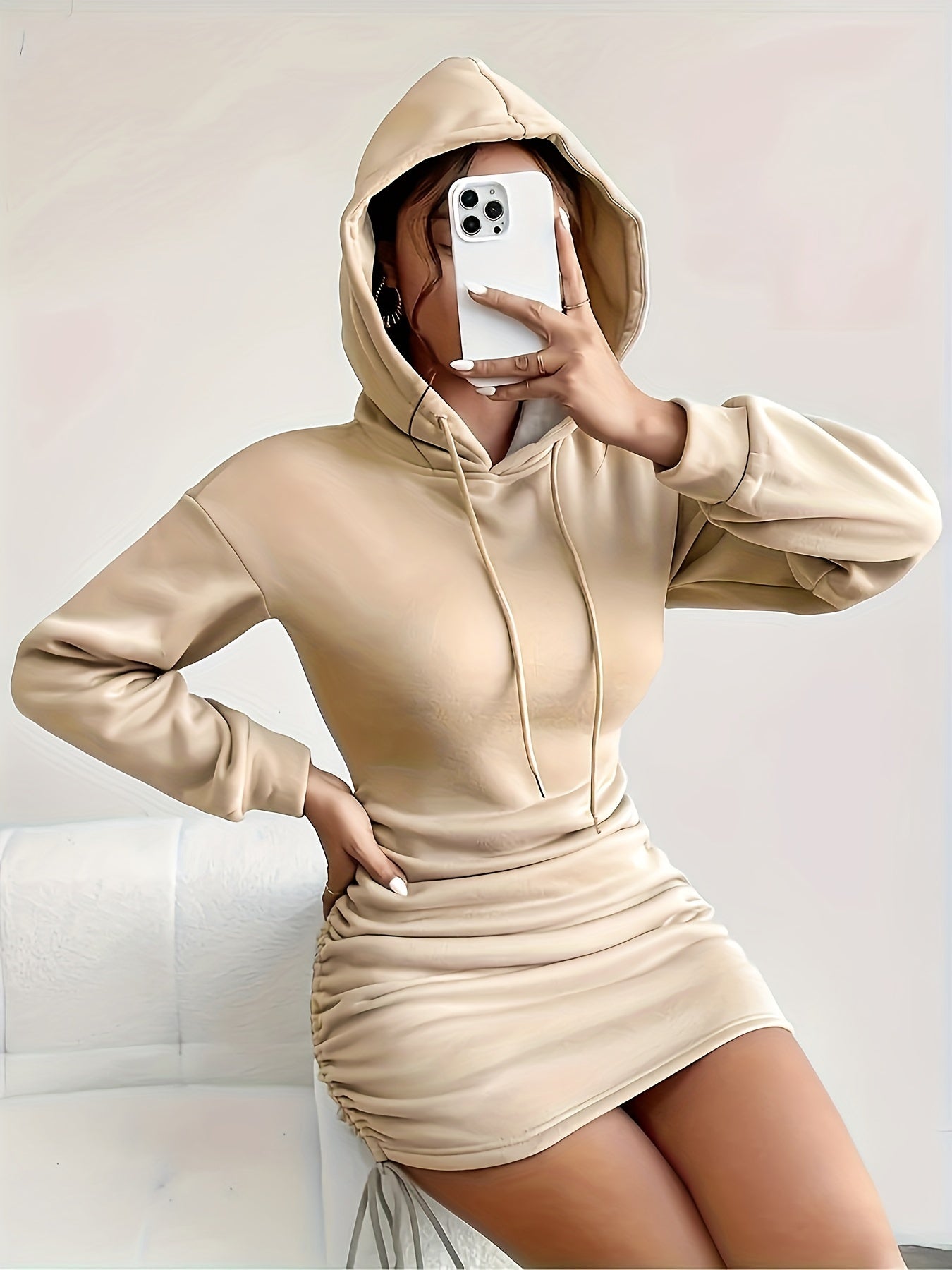 Cozy Ruched Drawstring Hoodie Dress - Soft, Casual, Long Sleeve, Spring & Fall Essential - Women's Comfortable Clothing for Everyday Wear