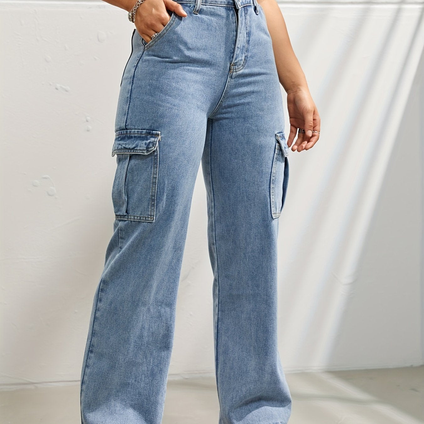 Side Flap Pocket High Waist Denim Cargo Pants, Light Washed Casual Slash Pocket Cargo Jeans, Kpop Y2K, Women's Denim Jeans & Clothing