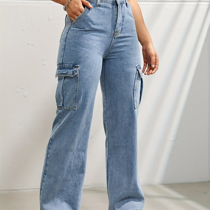 Side Flap Pocket High Waist Denim Cargo Pants, Light Washed Casual Slash Pocket Cargo Jeans, Kpop Y2K, Women's Denim Jeans & Clothing