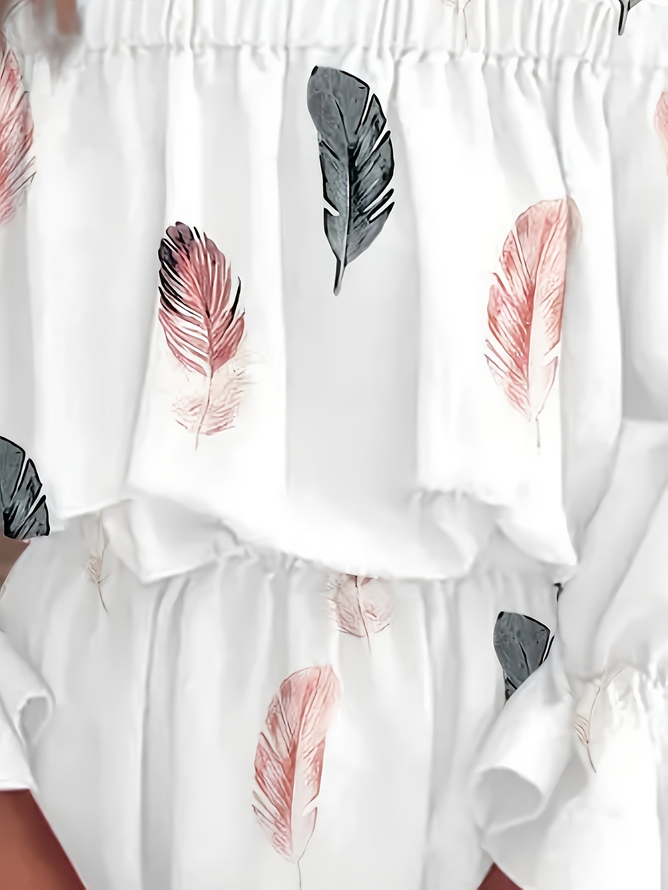 Stunning Off-Shoulder Feather Print Maxi Dress - Chic Flounce Sleeves, Flowy Bohemian Design, Summer Casual Wear, Elegant Party Dress for Women - Soft Fabric, Relaxed Fit, and Comfortable to Wear