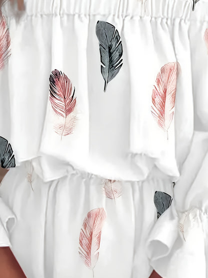 Stunning Off-Shoulder Feather Print Maxi Dress - Chic Flounce Sleeves, Flowy Bohemian Design, Summer Casual Wear, Elegant Party Dress for Women - Soft Fabric, Relaxed Fit, and Comfortable to Wear