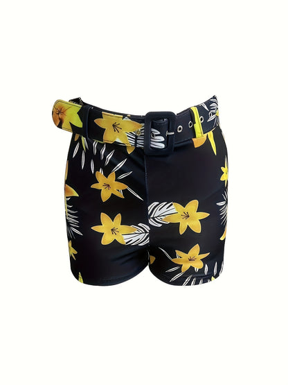 Chic Womens Floral Print Two-piece Outfit - Lightweight & Comfortable Casual Set with Surplice Cami Top & Belted Shorts for Spring & Summer