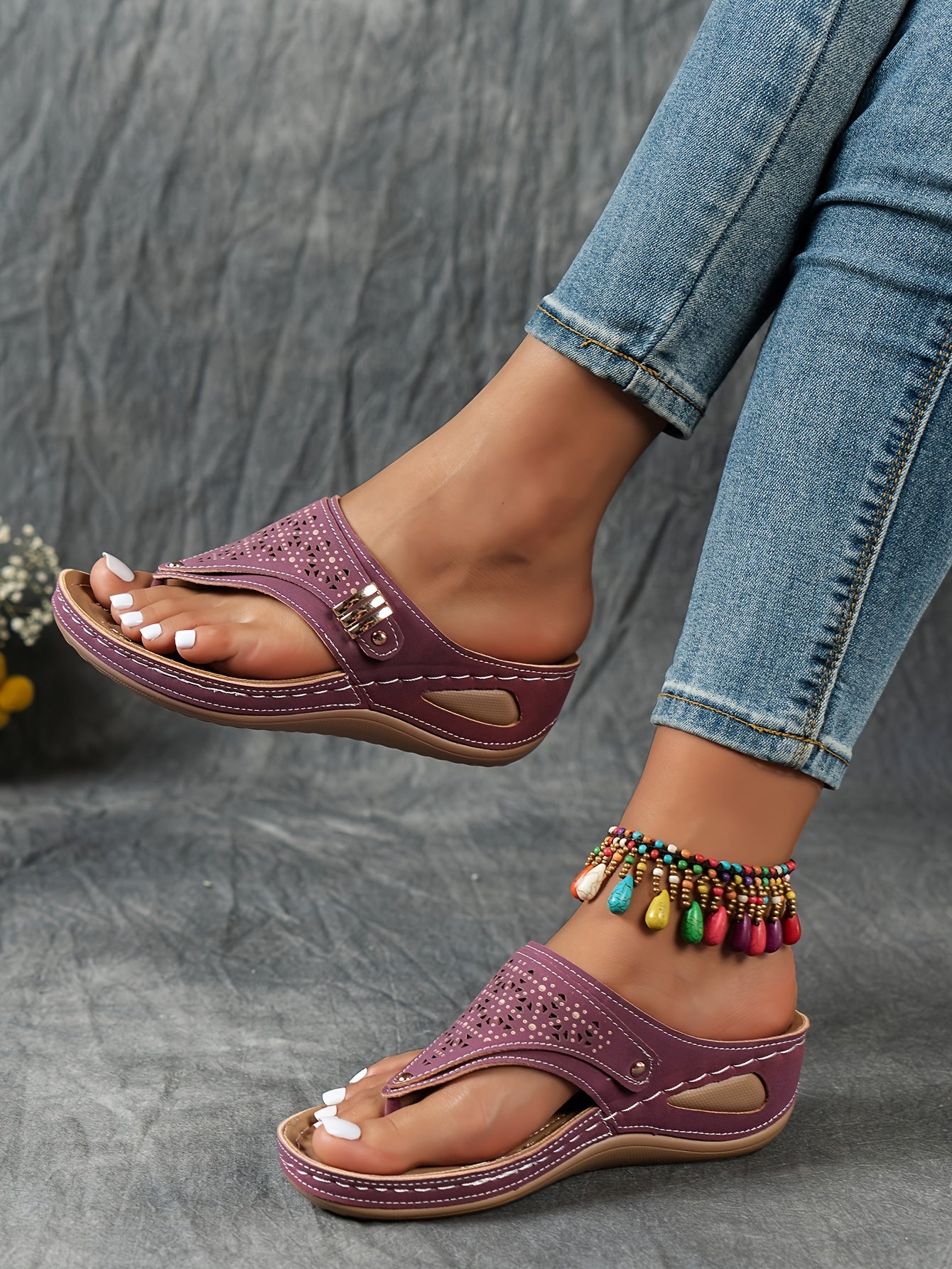 Stylish Cut-Out Thong Sandals - Soft Metallic Platform Wedge, Comfortable Beach Slides with Adjustable Straps, Vacation Essentials for Women