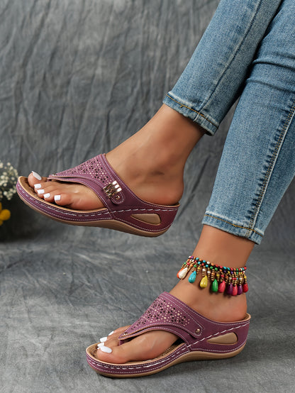 Stylish Cut-Out Thong Sandals - Soft Metallic Platform Wedge, Comfortable Beach Slides with Adjustable Straps, Vacation Essentials for Women