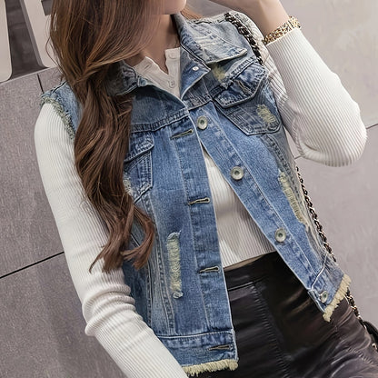 Ripped Raw Hem Distressed Denim Jacket, Plain Washed Blue Button Up Versatile Women's Vest Coat