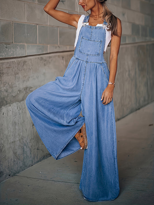 Loose Side Pocket Sleeveless Denim Jumpsuits, Casual Adjustable Shoulder Strap Denim Suspenders Trousers, Women's Denim Jeans & Clothing
