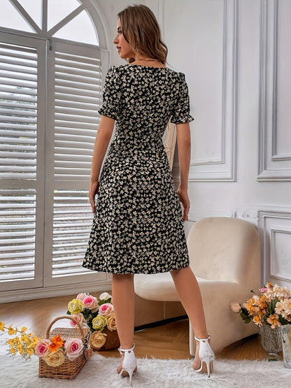 Floral Print Split Hem Dress, Elegant Square Neck Short Sleeve Dress For Spring & Summer, Women's Clothing