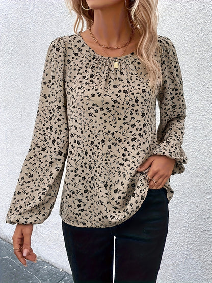 Women's Plus Size Floral Print Blouse with Lantern Sleeves - Casual Round Neck, Loose Fit, Machine Washable, Polyester