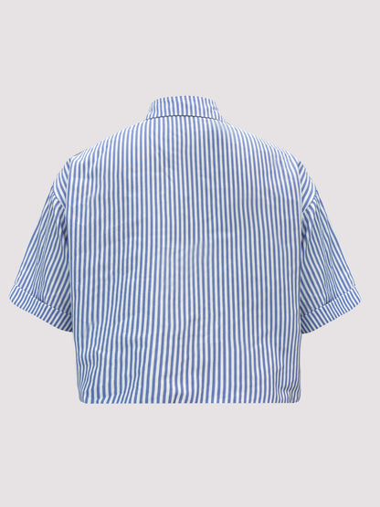 Vibrant Striped Button Up Crop Shirt - Women's Casual Blouses for Spring & Summer - Short Sleeve, Relaxed Fit, Soft Fabric, Perfect for Outdoor Activities