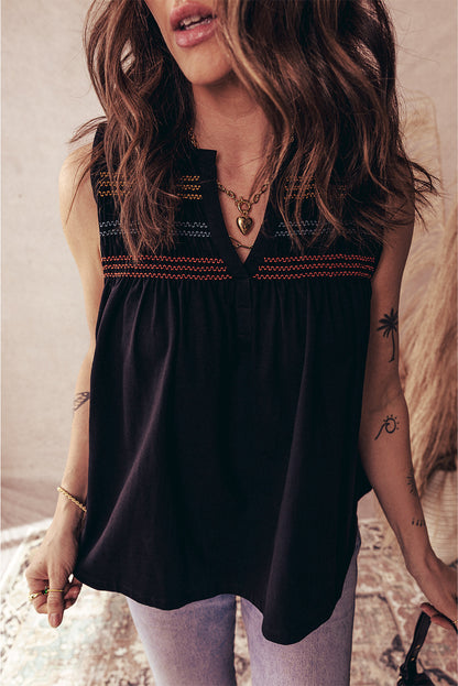 Black Colorful Shirred Yoke Notched V Neck Tank Top