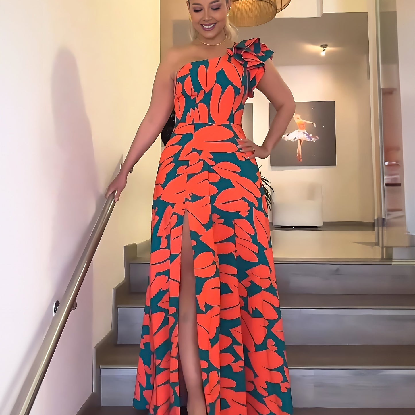 Long Elegant One Shoulder Neck Split Thigh Print Dress - Sleeveless, No Elasticity, Woven Polyester, Random Print, Perfect for Wedding, Occasion, Engagement, Ceremony, Evening - Summer Party Dress for Women