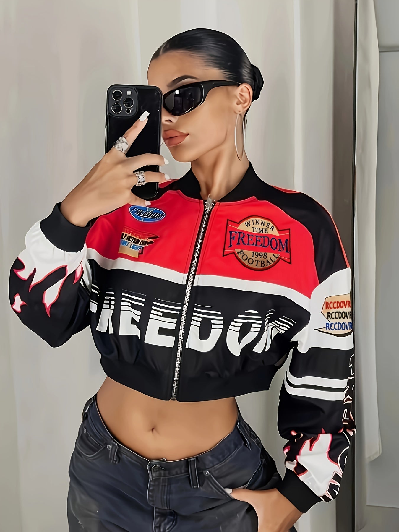 Trendy Letter Print Zipper Drop Shoulder Crop Jacket - Comfortable Long Sleeve Casual Wear for Spring & Fall - Womens Fashion Essential