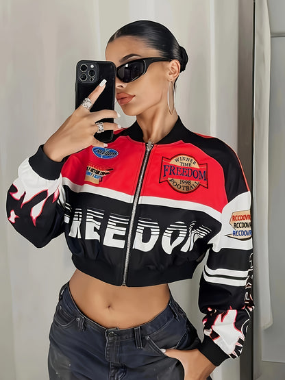 Trendy Letter Print Zipper Drop Shoulder Crop Jacket - Comfortable Long Sleeve Casual Wear for Spring & Fall - Womens Fashion Essential