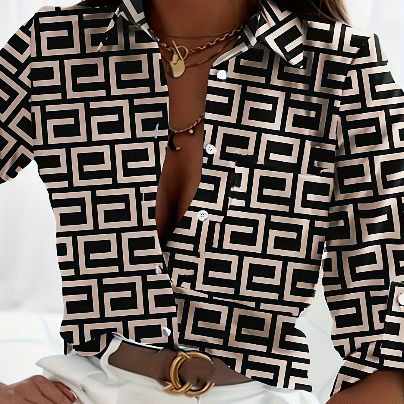 Graphic Print Button Front Blouse, Casual Long Sleeve Polo Collar Blouse For Spring & Summer, Women's Clothing